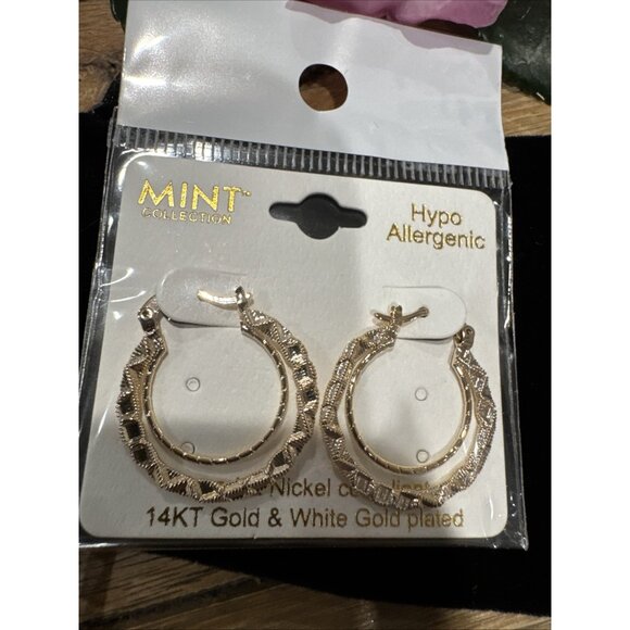 14KT White & Gold Plated 1" Double Hoop Earrings Hypo Allergenic NEW W Gift Bag - Picture 4 of 6